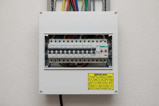 Warning label about earth fault protection device on a yellow background
