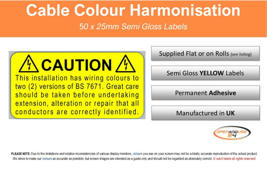 Harmonised cable colour electrical safety label 50x25mm yellow