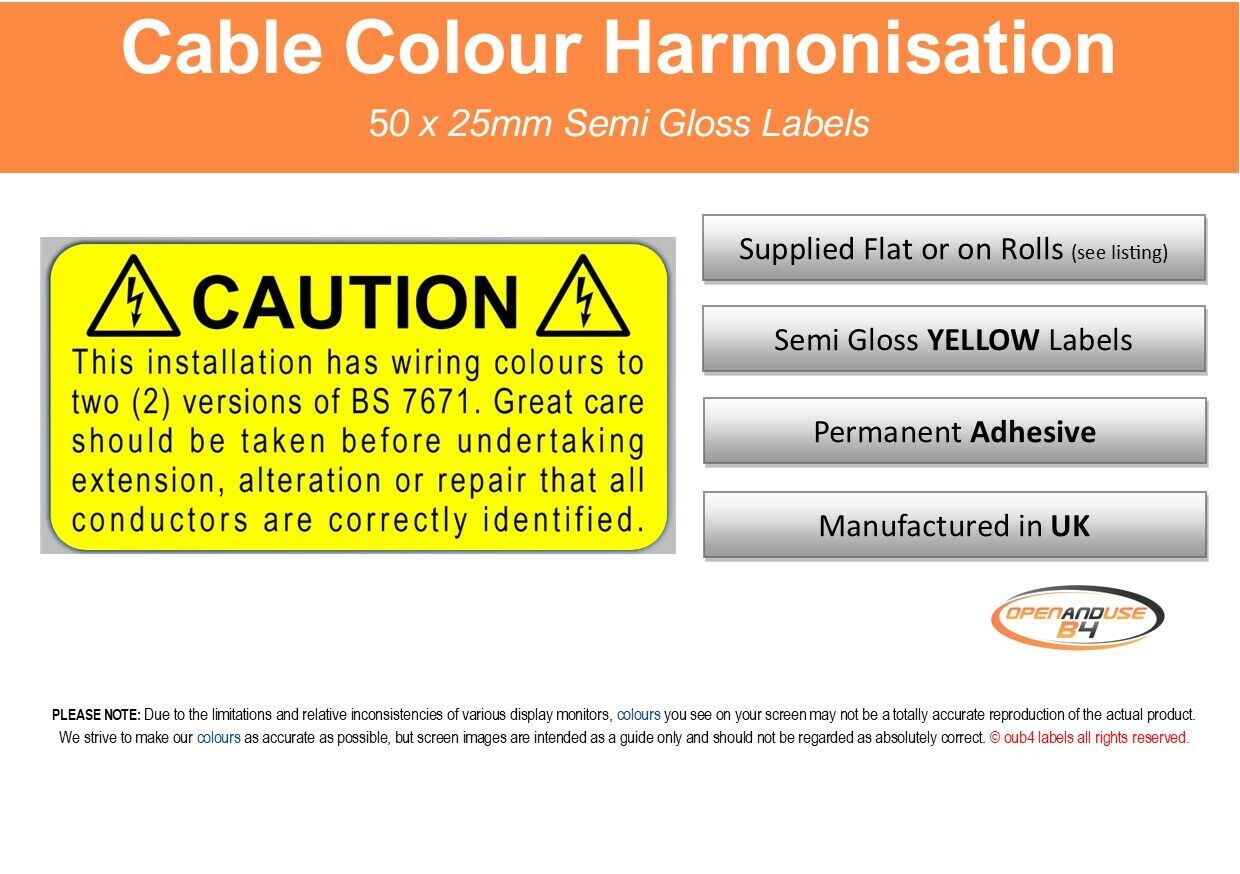 Harmonised cable colour electrical safety label 50x25mm yellow
