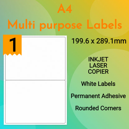 A4 Sheet Address Labels WHITE | 1 Label per A4 sheet | 199.6 X 289.1mm