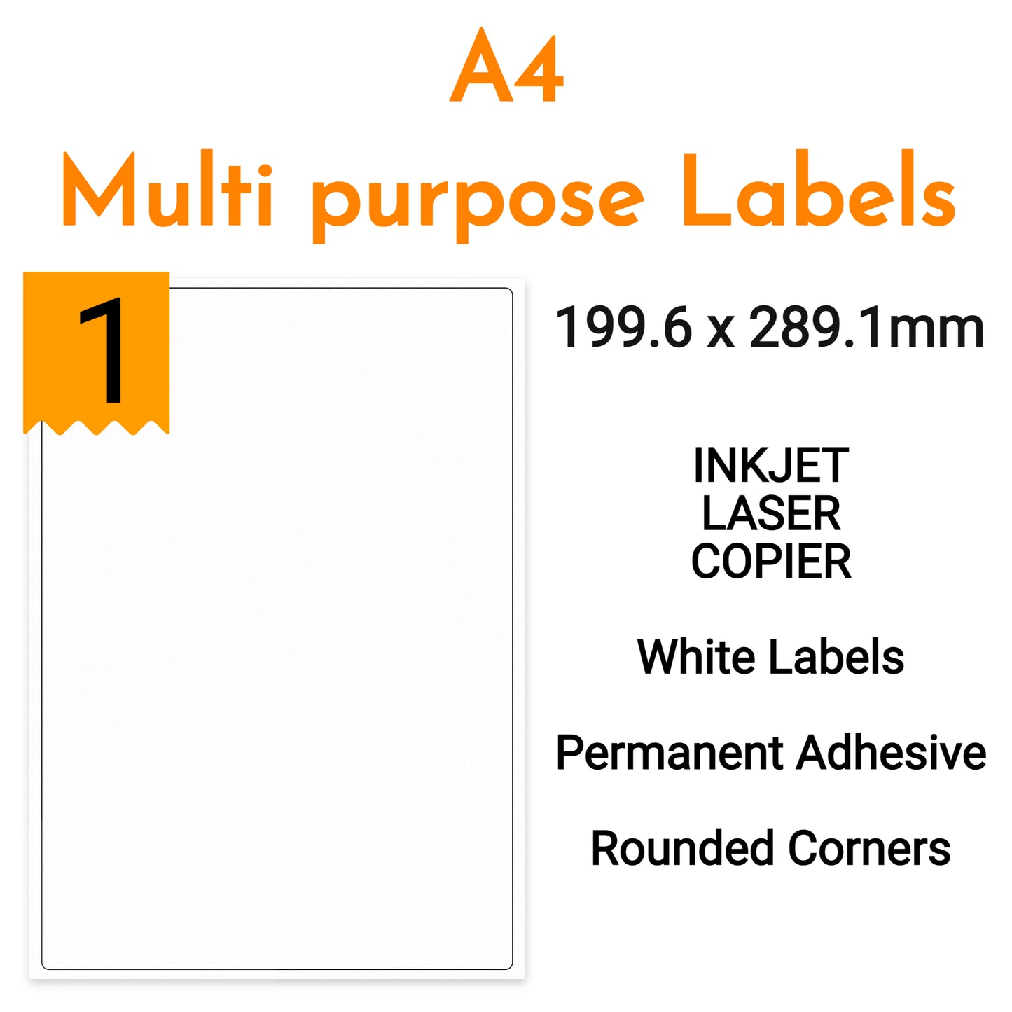 A4 Sheet Address Labels WHITE | 1 Label per A4 sheet | 199.6 X 289.1mm