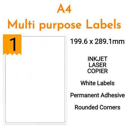 A4 Sheet Address Labels WHITE | 1 Label per A4 sheet | 199.6 X 289.1mm