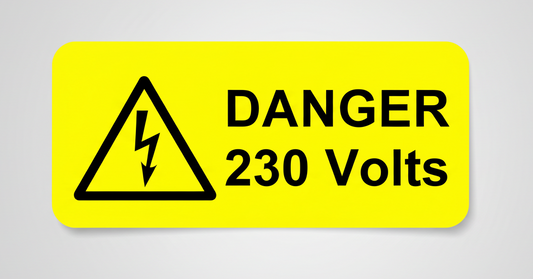 Warning label with 'DANGER 230 Volts' text and symbol on a yellow background