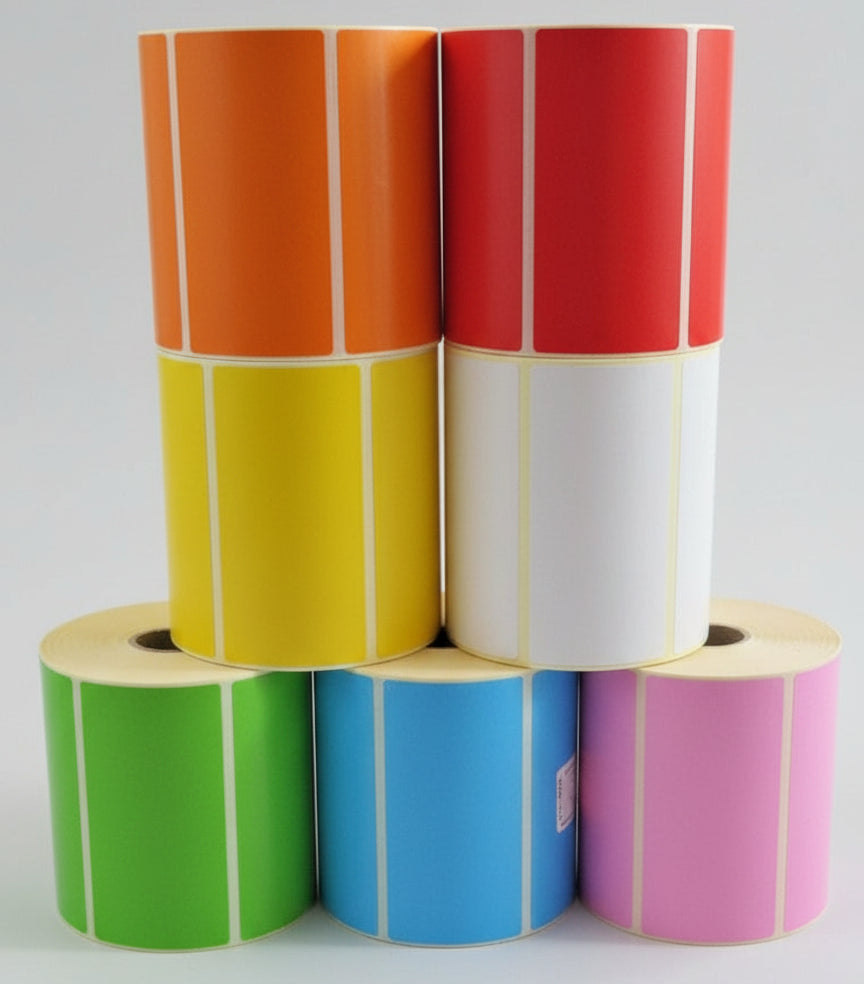 Colour swatch – pink yellow green white red orange blue labels