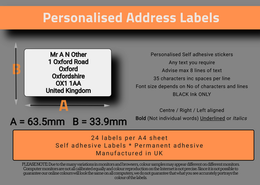 Personalised Labels on A4 Sheets | WHITE – 24 UP – 63.5mm x 33.9mm