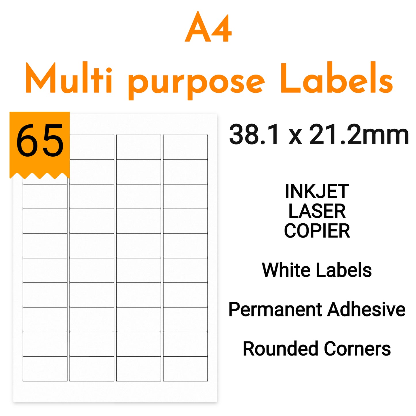 A4 Sheet Address Labels WHITE – 65 Labels per sheet – 38.1mm x 21.2mm