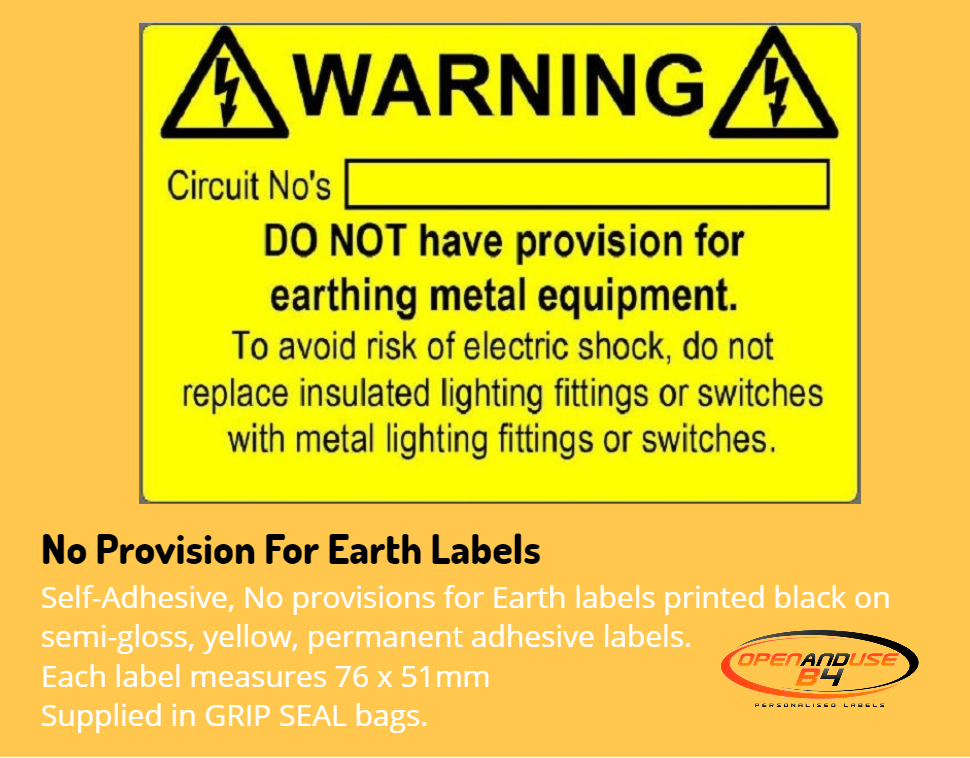 No Provision For Earth Electrical Safety Labels – Self‑Adhesive | 76 x 52mm / 3 x 2" |