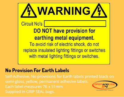 No Provision For Earth Electrical Safety Labels – Self‑Adhesive | 76 x 52mm / 3 x 2" |