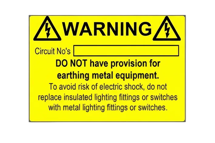 Yellow harmonised cable colour electrical wiring label 76 x 52mm with CAUTION BS 7671 mixed wiring colours warning text