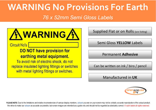 No Provision For Earth Electrical Safety Labels – Self‑Adhesive | 76 x 52mm / 3 x 2" |