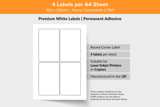 4 Address Labels each 99.1 x 139mm on A4 sheet suitable laser, inkjet, copiers