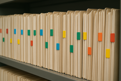 Small coloured labels on some files on a shelf